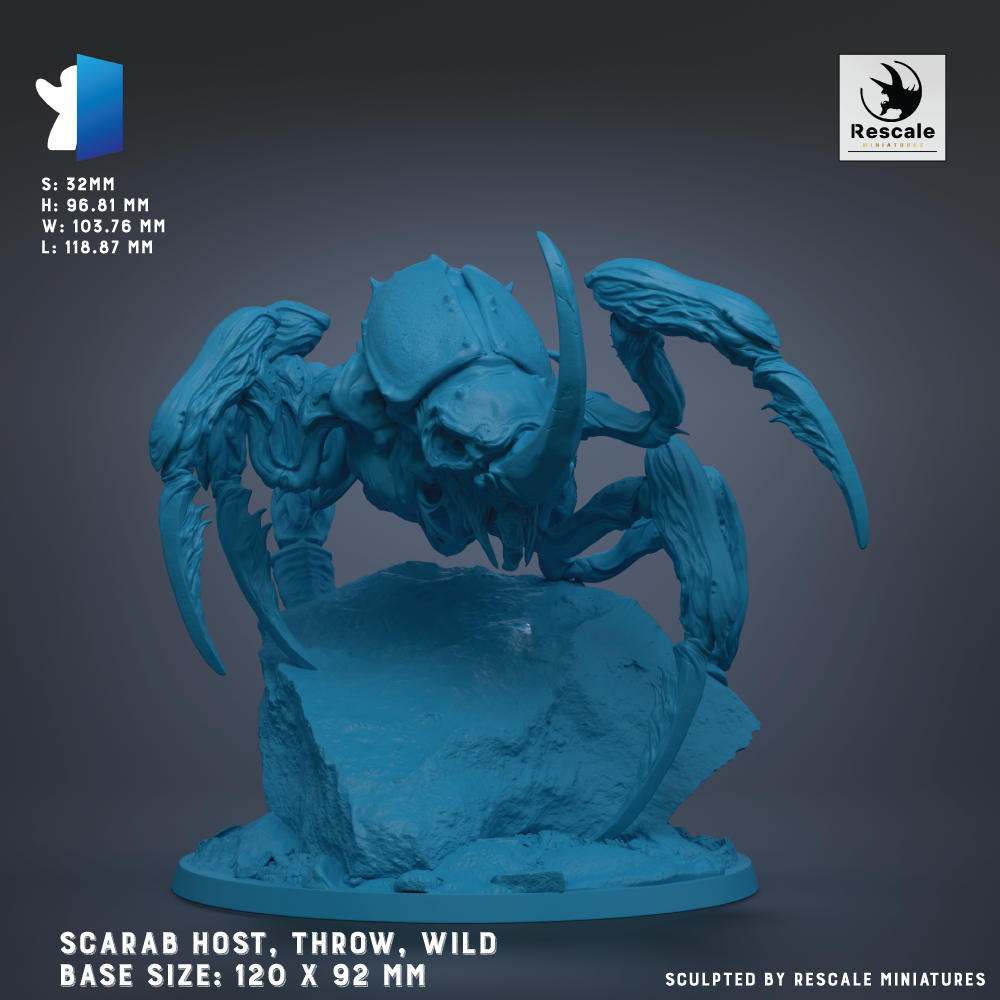 a large, blue, spider-like creature with sharp claws and fangs, standing on a rock formation. The creature appears to be a type of wild host, as indicated by the text "SCARAB HOST, THROW, WILD" and "BASE SIZES: 120 X 92 MM". The image is a 3D rendering of the creature, and it is described as being sculpted by Rescale miniatures.