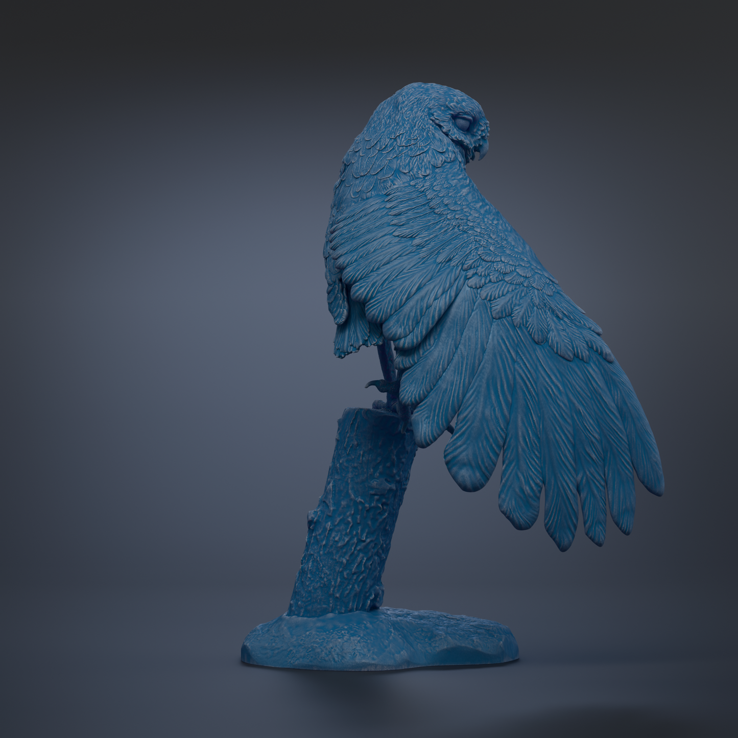 A blue owl statue perched on a tree stump against a dark background.