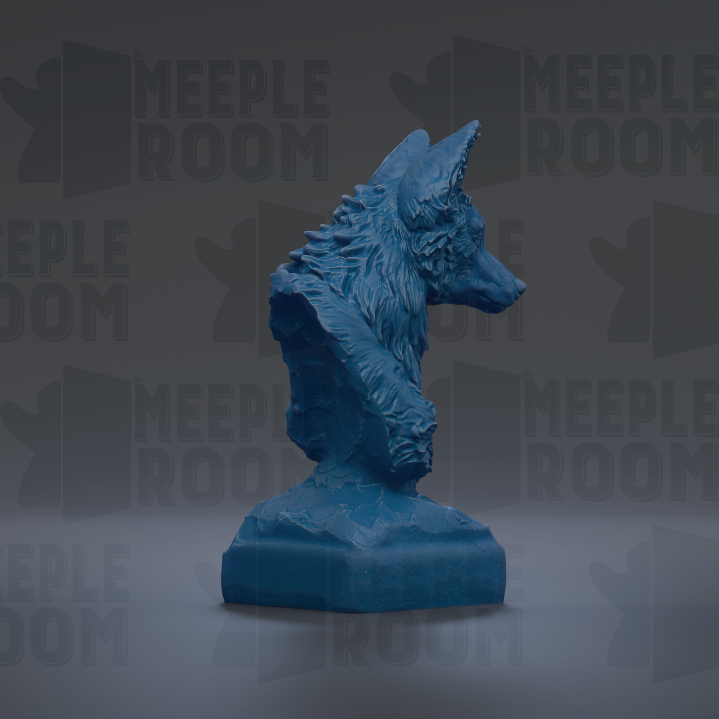 A blue, sculpted statue of a fox's head is displayed against a dark background with repeated text.