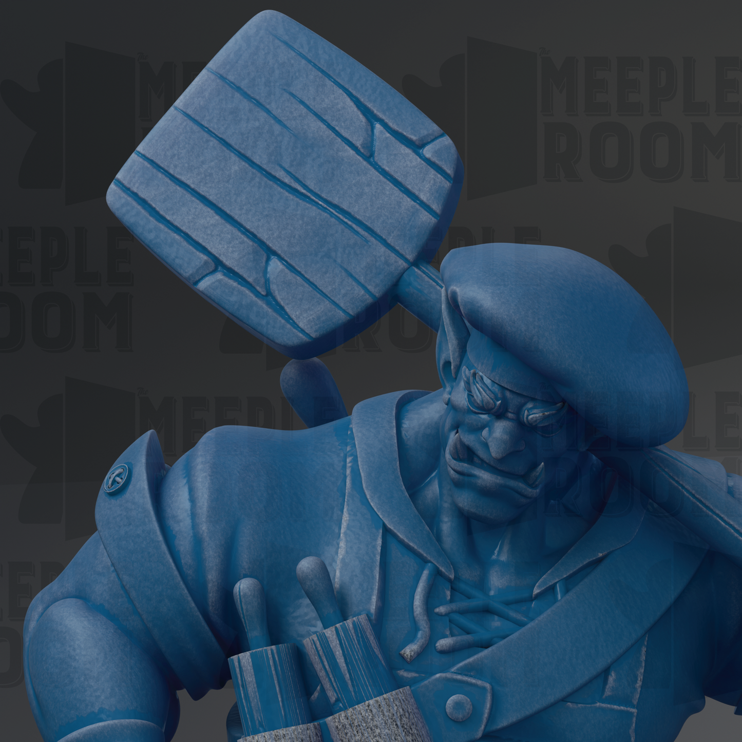 A close-up of a blue statue depicting a man with a large hammer, wearing a hat and holding a tool in his hand.