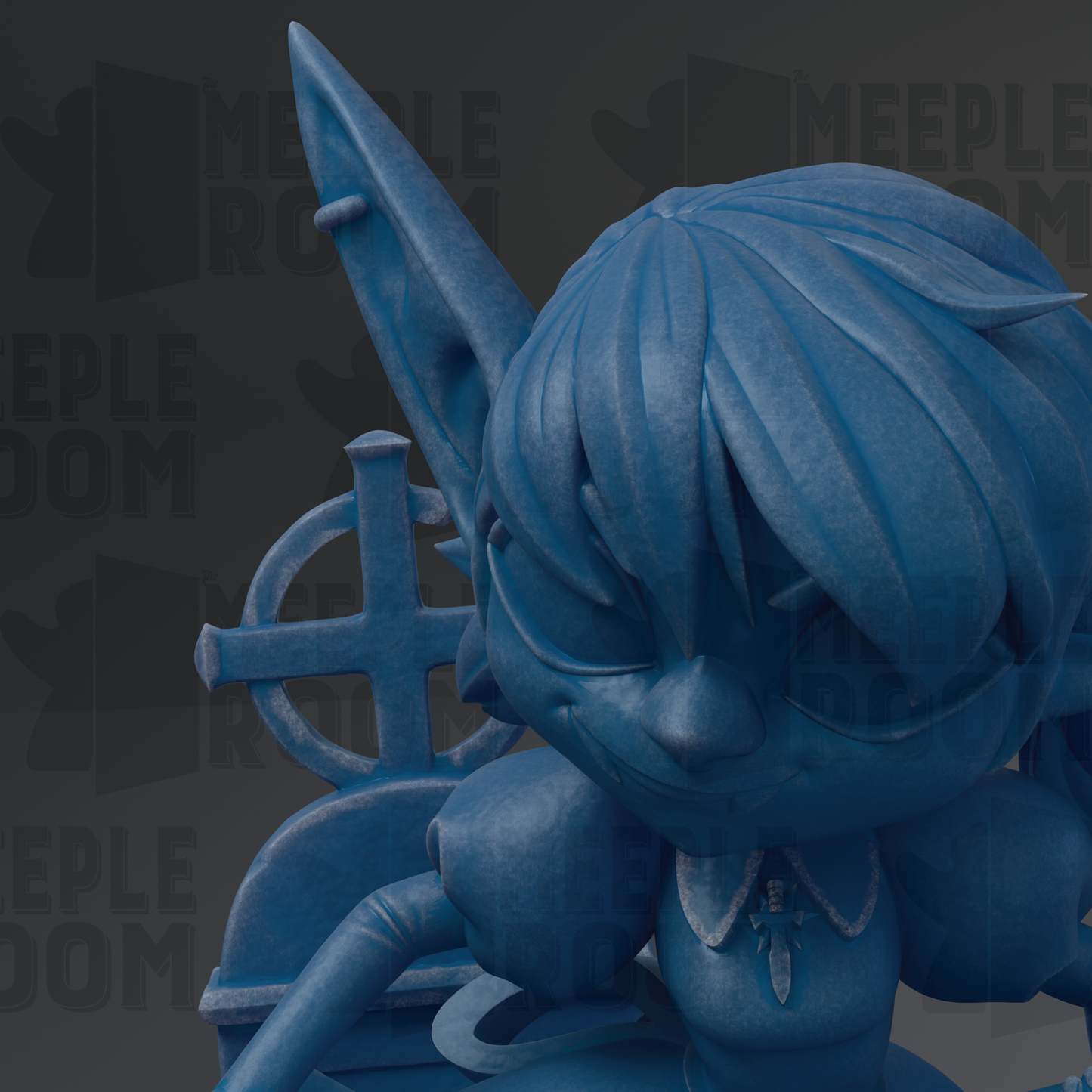 A close-up view of a blue, cartoonish character with a pointed hat and a cross-like symbol on its back, set against a dark background with repeated text.