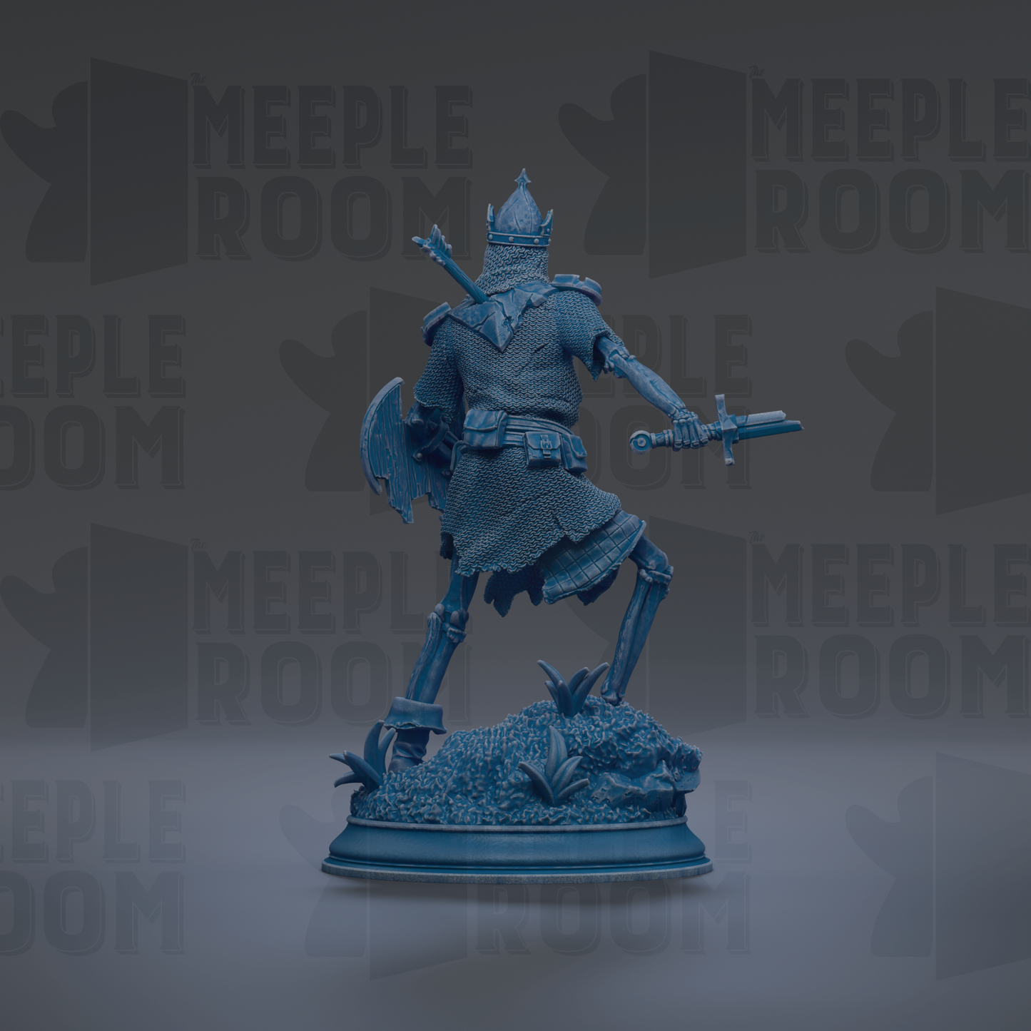A blue statue of a knight holding a sword and shield, standing on a base with plants and rocks.