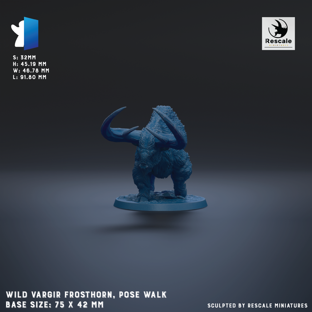 a figurine of a wild vargir frosthorn, a type of dinosaur, posed on a base. The figurine is shown in a dynamic pose, with its horns extended. The base size of the figurine is 75 x 42 mm. The image is a sculpture by Rescue miniatures.