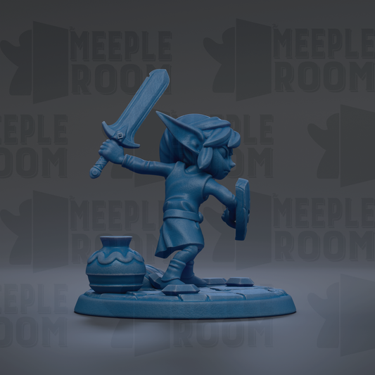 A blue figurine of a character holding a sword and shield, standing on a base with a vase, against a dark background with repeated text.