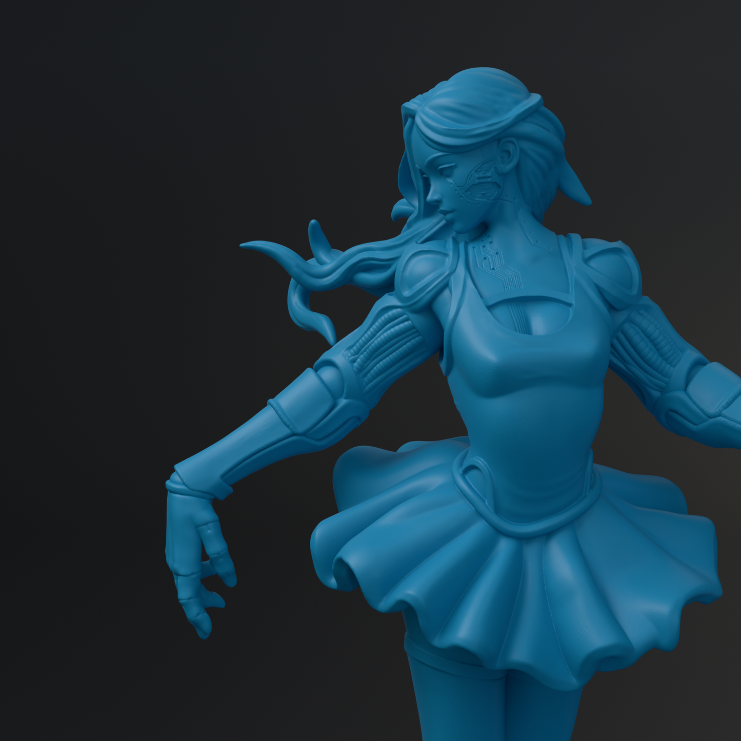 A 3D rendering of a blue female character with flowing hair and a tutu-like skirt, depicted in a dynamic pose.