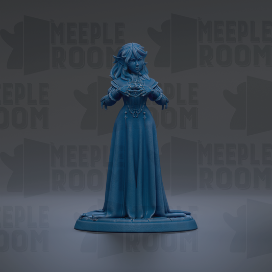 A blue figurine of a woman with long hair and a flowing dress stands against a dark background with repeated text.