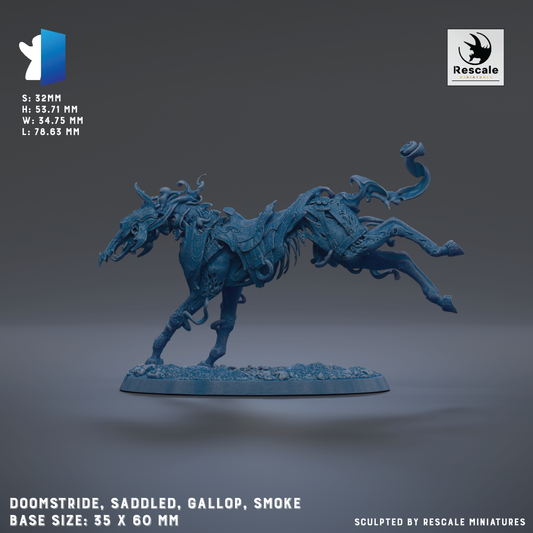 a 3D model of a fantastical creature resembling a horse, with intricate details and a blue color scheme. The base size of the model is 35 x 60 mm.