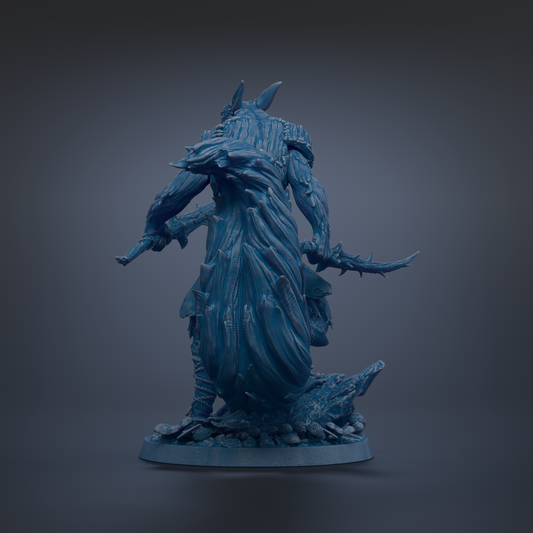 A dark blue, fantastical creature with sharp teeth and claws, standing on a rocky surface and holding a weapon.