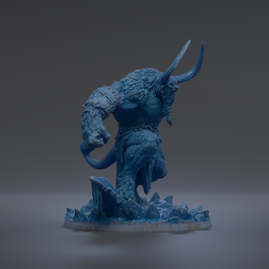 A blue, sculpted monster with horns and a fierce expression stands on a rocky base against a dark background.