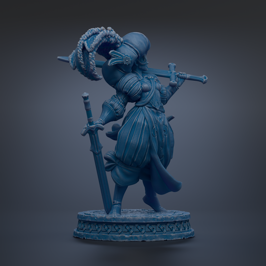 A blue statue of a knight holding a sword and shield, standing on a pedestal.