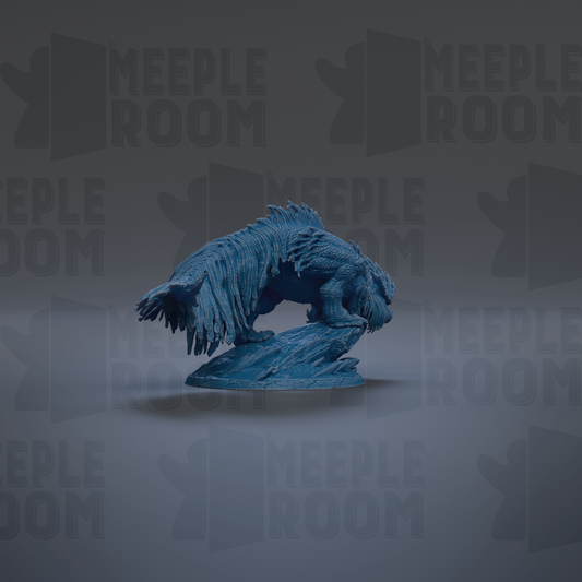 A blue, textured sculpture of a creature resembling a dragon or serpent is displayed against a dark background with repeated text.