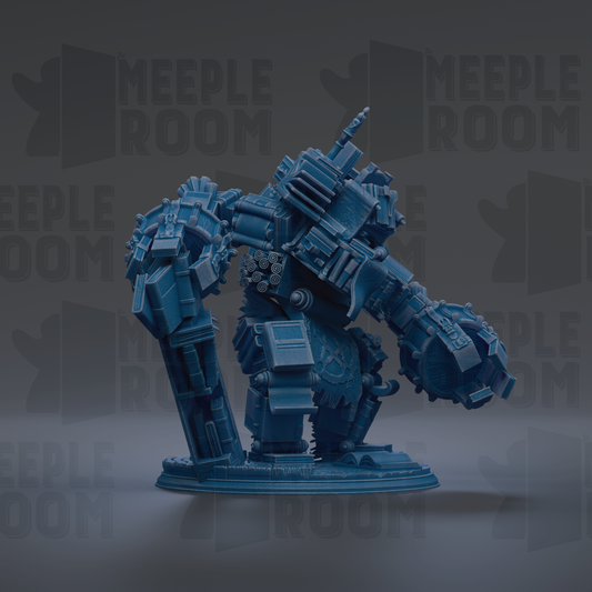 A blue, mechanical robot or machine with various mechanical components and parts, standing on a base.