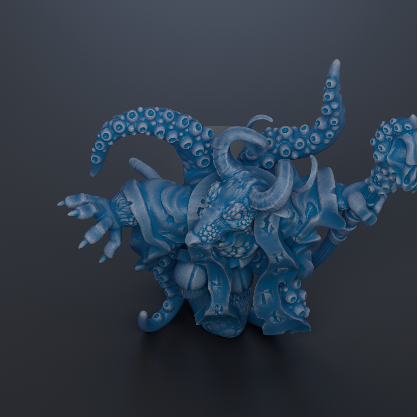 A 3D rendering of a blue, octopus-like creature with tentacles and a large head, set against a dark background.