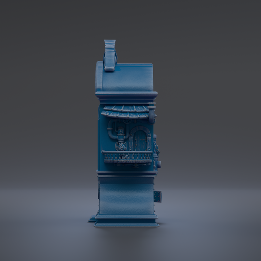 A blue, 3D-rendered model of a small, ornate building with a chimney and a balcony.