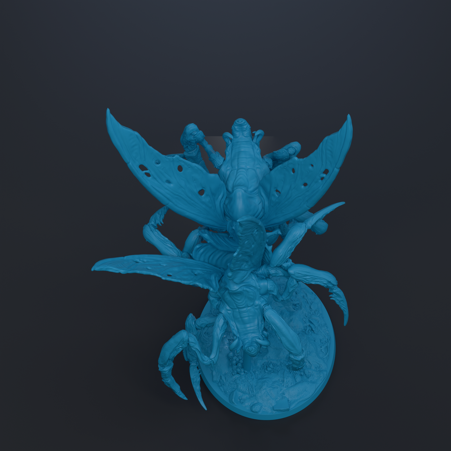 A blue, 3D-rendered creature resembling a dragon or mythical insect, with intricate details and a textured surface.