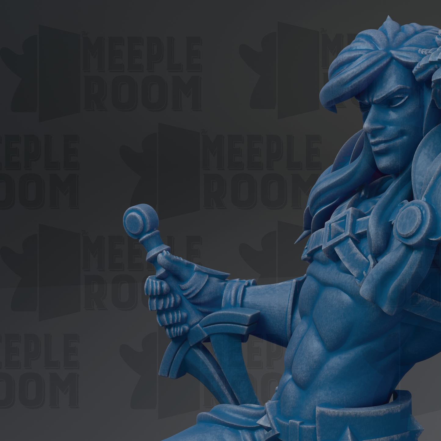 A close-up of a blue, sculpted figure holding a weapon, with the text "MEUPLE ROOM" repeated in the background.