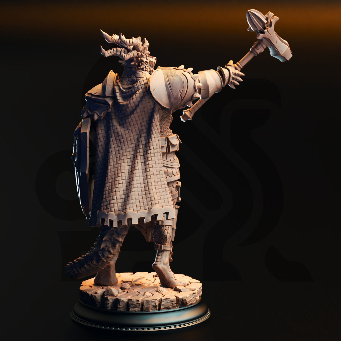 A detailed 3D model of a dragon-like creature holding a large weapon, standing on a platform against a dark background.