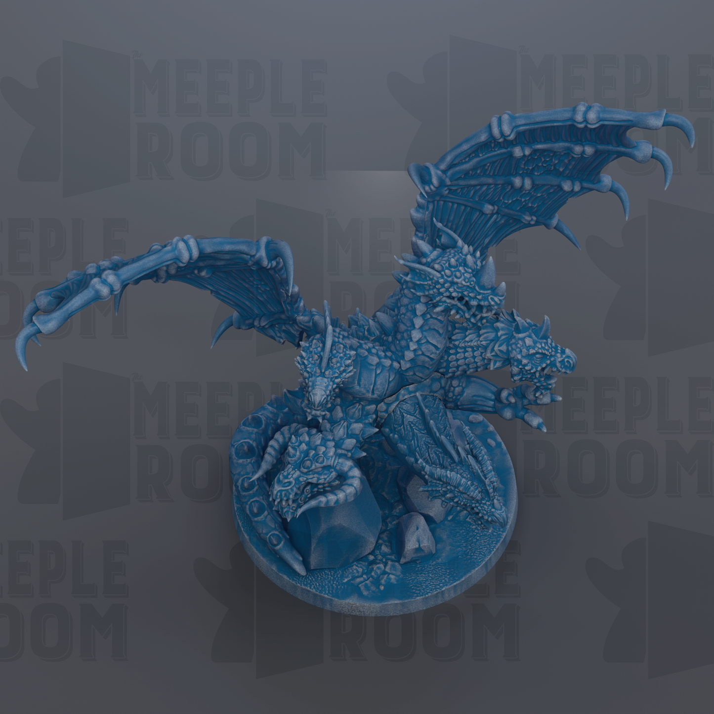 A detailed 3D rendering of a blue dragon statue with intricate scales and wings, set against a dark background with repeated text.