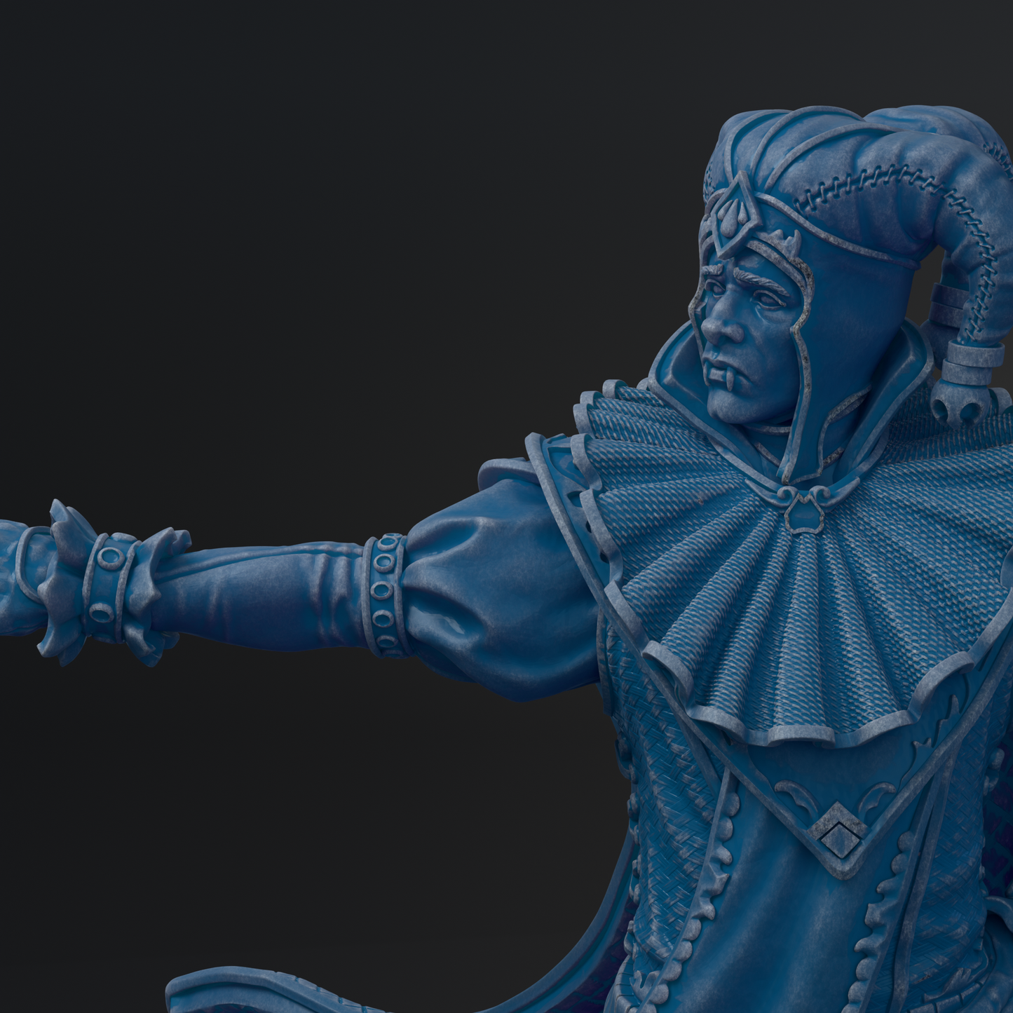 A close-up view of a blue statue depicting a figure with a flowing robe and ornate headdress, set against a dark background.