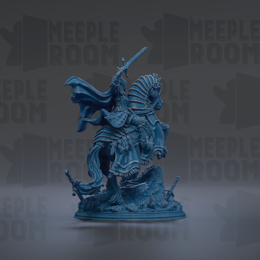 A blue statue of a knight on horseback, holding a sword and shield, is displayed against a dark background with repeated text.