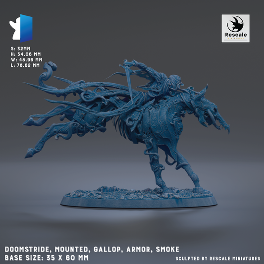 a detailed, sculpted figurine of a fantastical creature with a large head, long neck, and flowing, intricate body. The creature appears to be mounted on a horse-like structure, with a sword in its hand. The base size of the figurine is 35 x 60 mm. The image is a collage of multiple images, and it is created by Rescale miniatures.