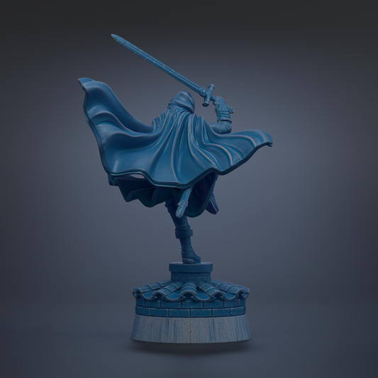 A blue statue of a person holding a sword and standing on a pedestal.