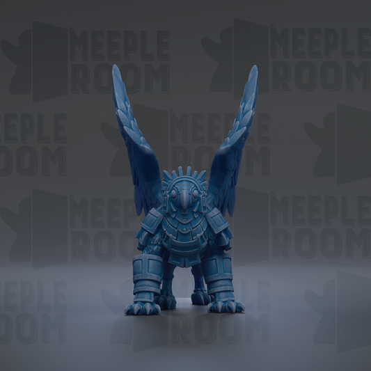 A blue winged creature with a helmet and armor-like armor stands in the center of the image against a dark background with repeated text.