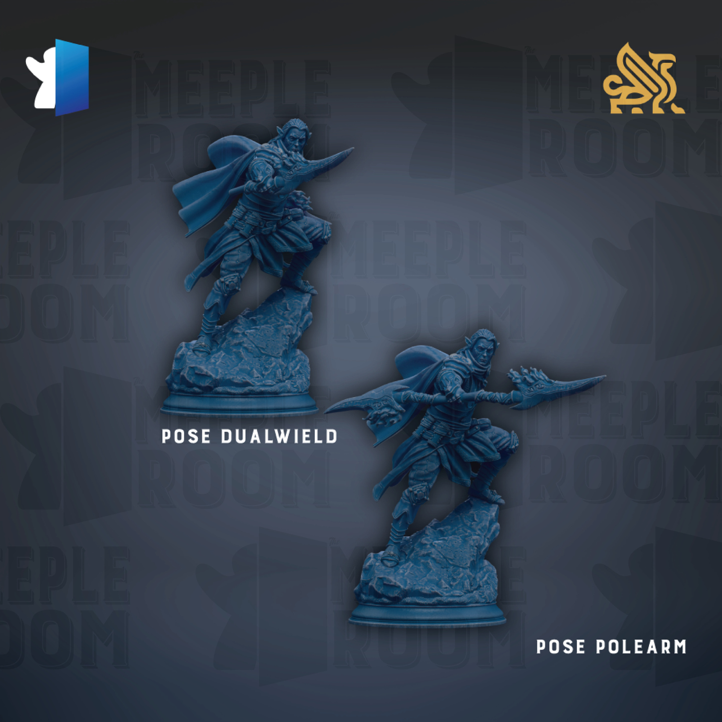 two blue figurines of a knight, one standing and one kneeling, with the text "Pose Dualweild" and "Pose Polearm" below them.