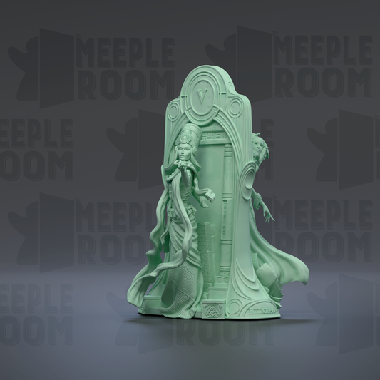 A green statue of a woman with a flowing dress stands in front of a doorway, with the word "MEIPLE ROOM" repeated in the background.