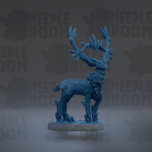 A blue deer figurine with antlers stands on a base against a dark background with repeated text.