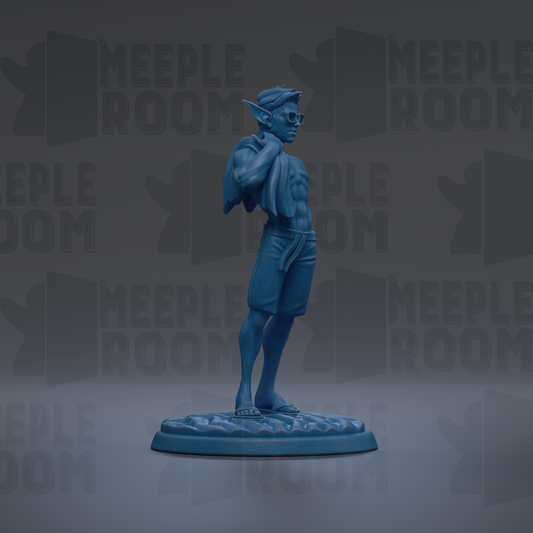 A blue figurine of a person standing on a platform against a dark background with repeated text.