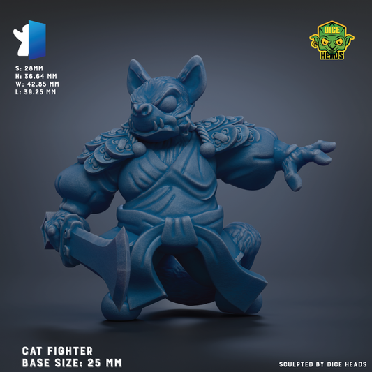 A 3D model of a blue cat fighter character, with detailed armor and weapons, is shown against a dark background.