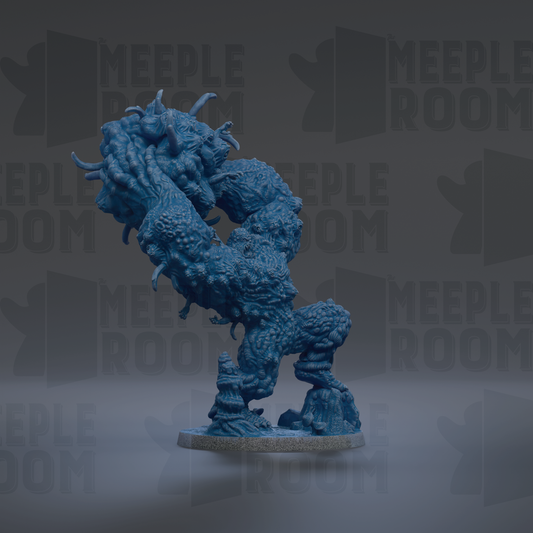 A blue, abstract sculpture with a twisted, organic shape stands against a dark background with repeated "MEIPLE ROOM" text.