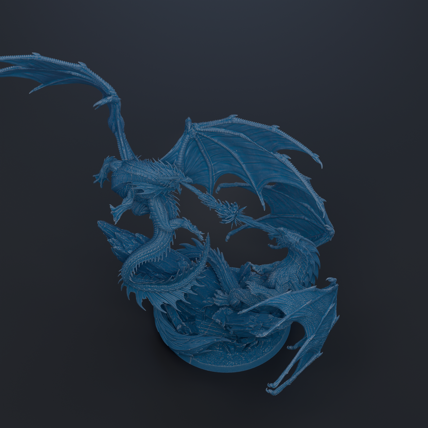A 3D rendering of a blue dragon-like creature with wings and sharp teeth, set against a dark background.