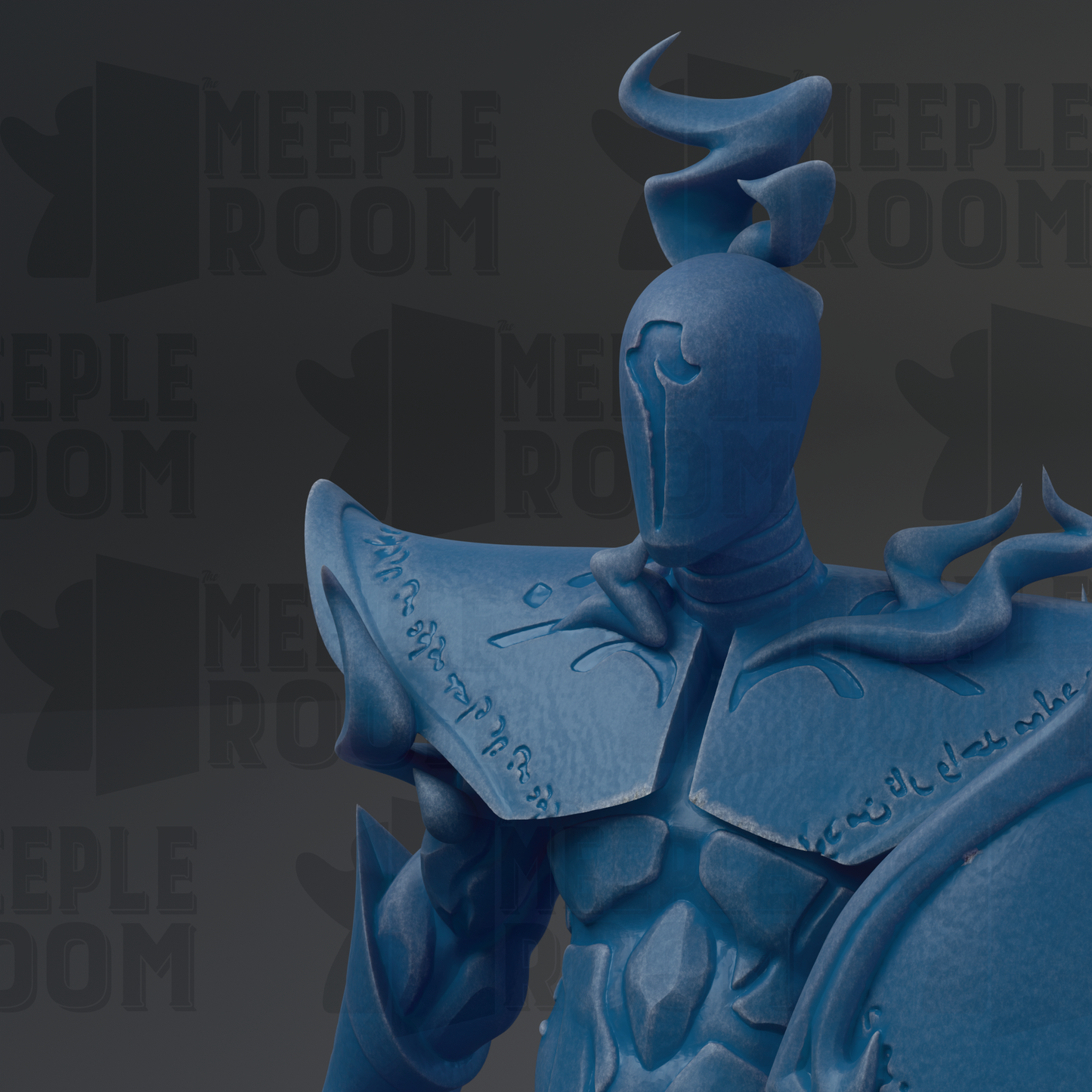 A close-up of a blue, sculpted figure with a distinctive helmet and armor-like design, set against a dark background with repeated text.