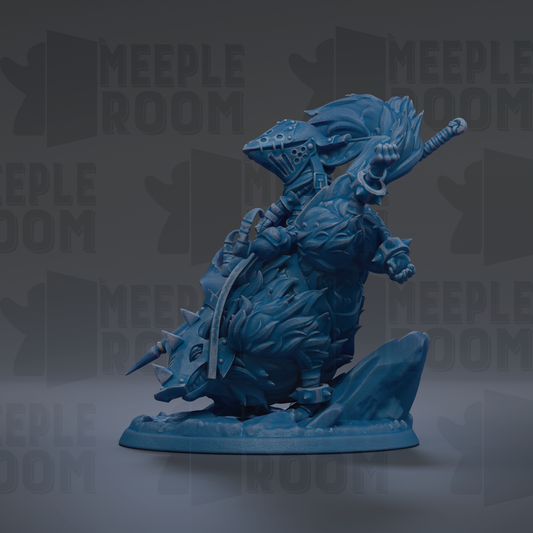 A blue figurine of a knight on a dragon, with the text "MEIPLLE ROOM" repeated in the background.
