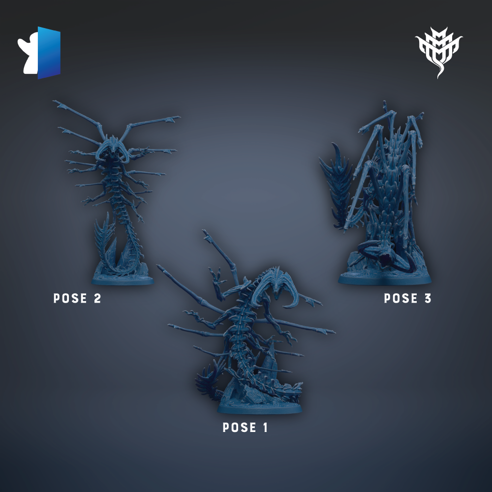 three blue figurines of fantastical creatures, each with different poses, arranged in a row against a dark background.