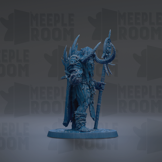 A blue figurine of a warrior-like character with horns and a staff, standing on a base and holding a staff.