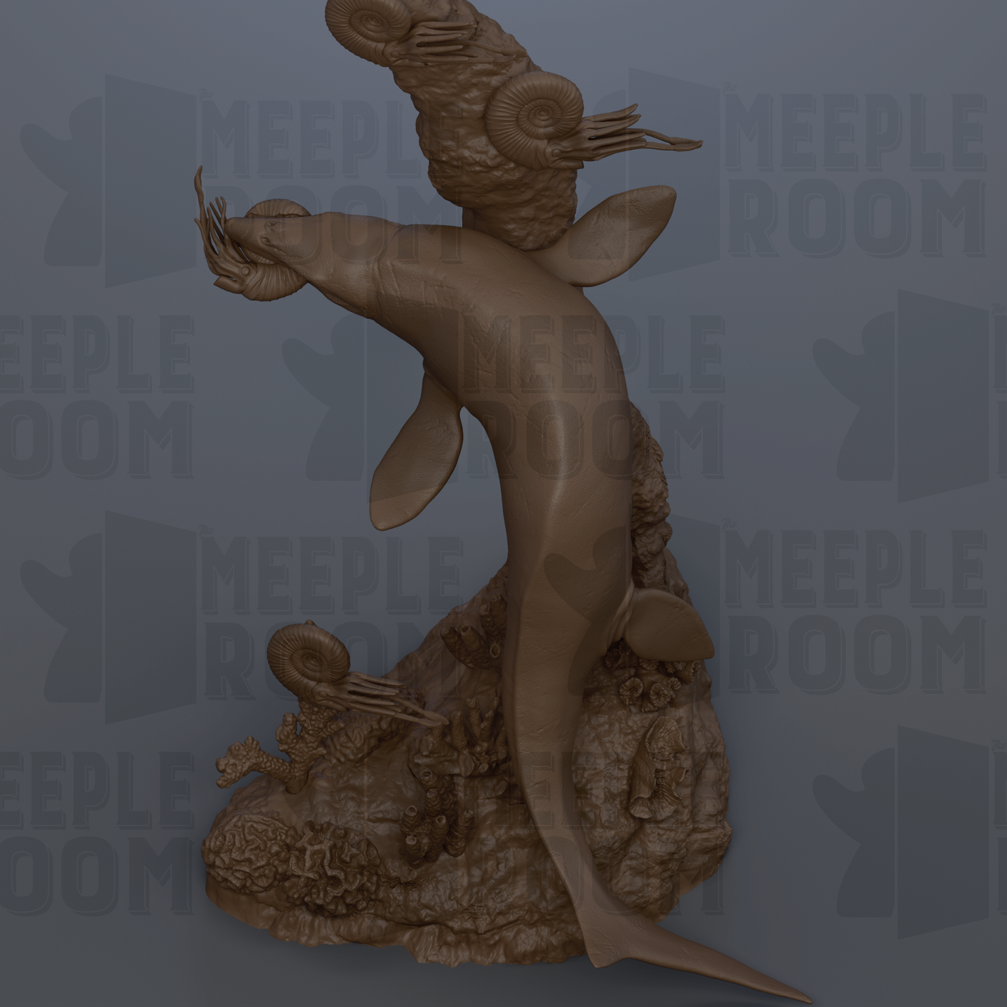 The image is a 3D rendering of a marine creature, possibly a fish or a sea animal, situated on a rocky base. The background of the image is a dark blue color, which contrasts with the brown color of the creature. The image does not contain any text or other discernible objects or actions.