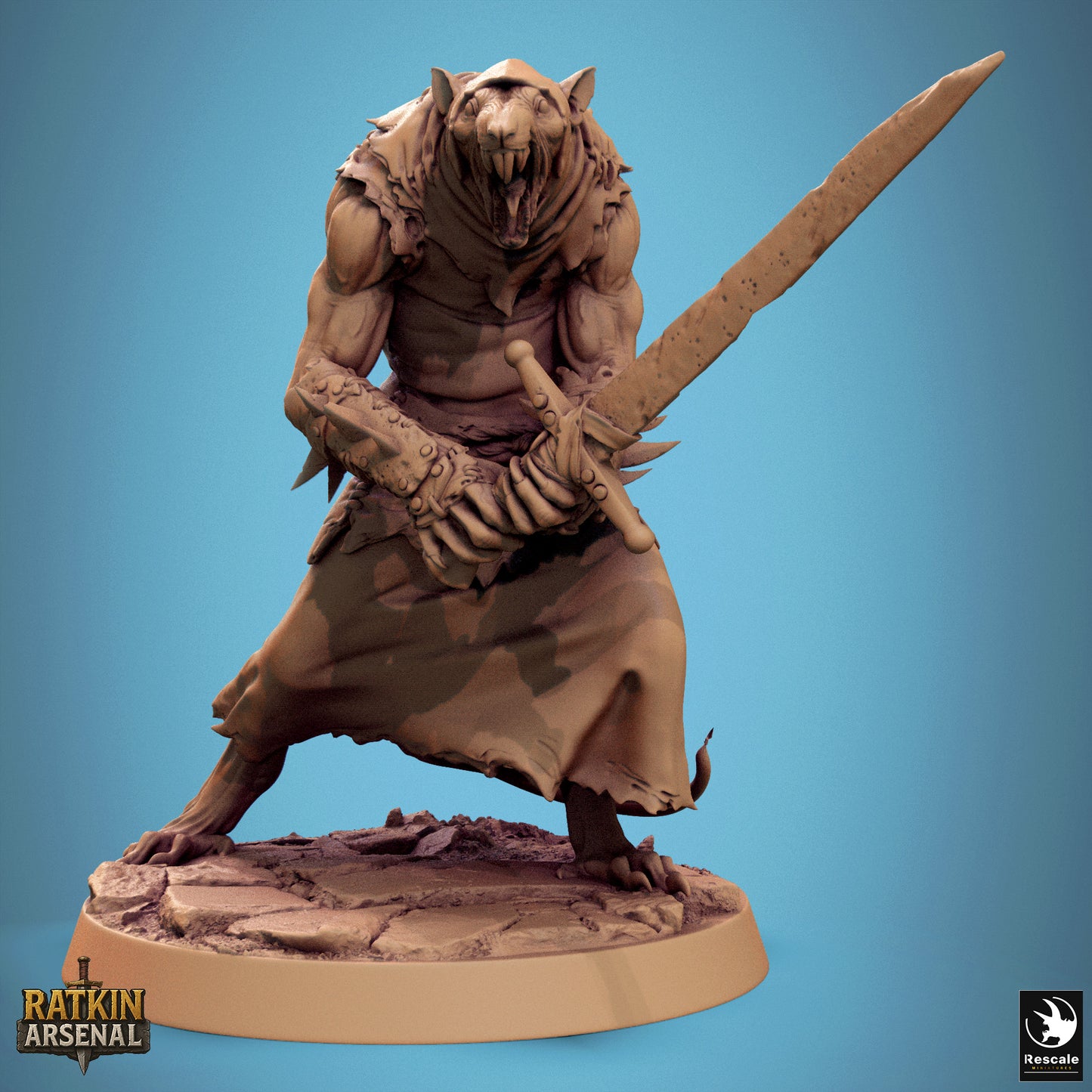 A 3D model of a fierce-looking monster or creature, possibly a ratkin, holding a large sword and standing on a rocky base.