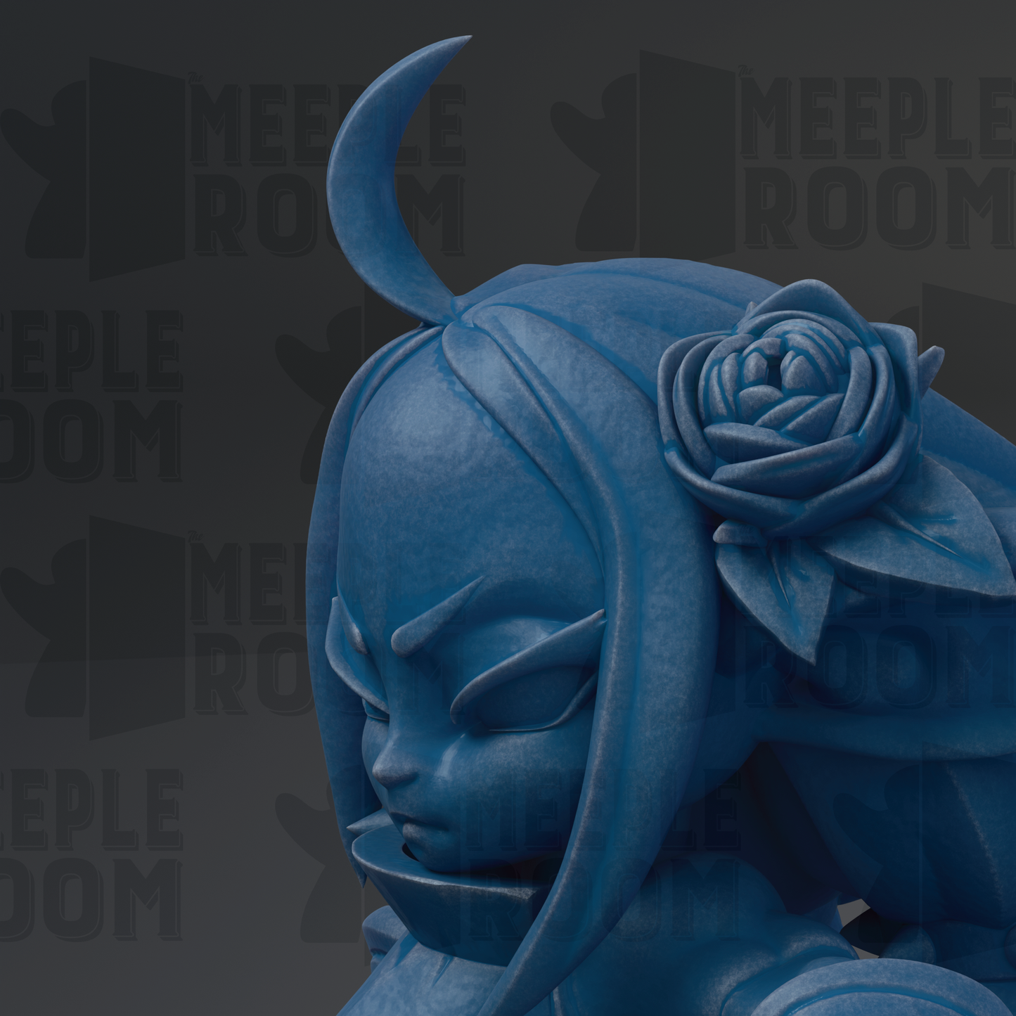 A close-up view of a blue, cartoonish sculpture with a rose on its head, set against a dark background with repeated text.