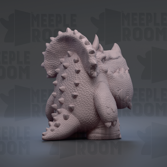 A 3D rendering of a dinosaur-like creature with spikes on its back, standing on a gray surface.