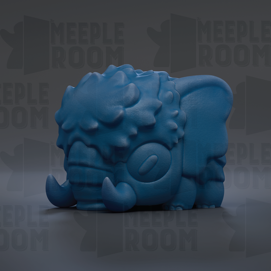 A blue, 3D-rendered toy resembling a small elephant or rhinoceros-like creature with large tusks.