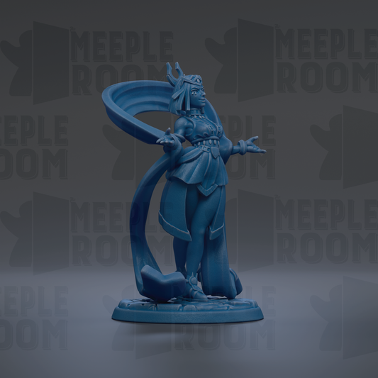 A blue figurine of a female character with a flowing cape and headdress, standing on a base and facing to the right.
