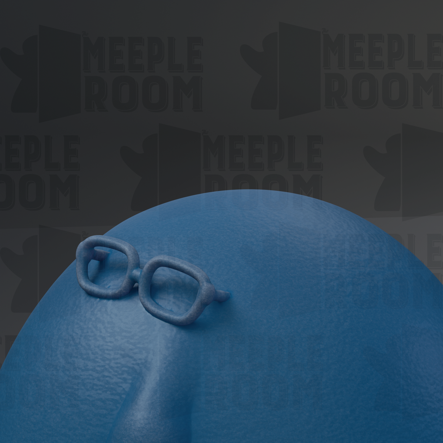 A close-up of a blue object, possibly a face or a head, with a pair of glasses attached to it.