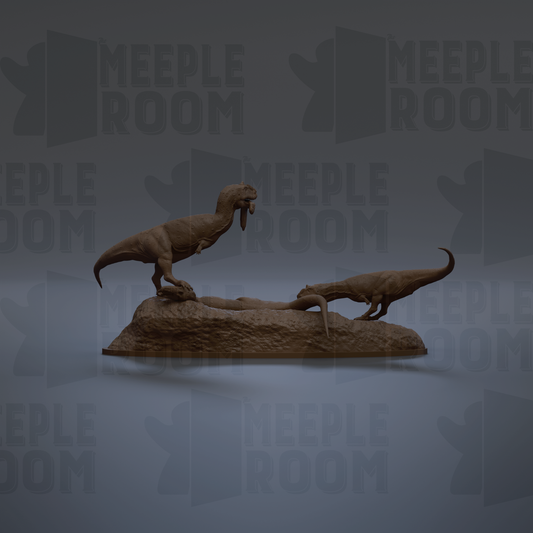 two dinosaur statues, one standing and one lying down, against a dark background with repeated text.