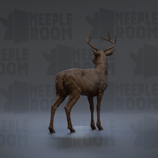 A 3D rendering of a deer statue with antlers, standing in a dark environment with the text "MEUPLE ROOM" repeated in the background.