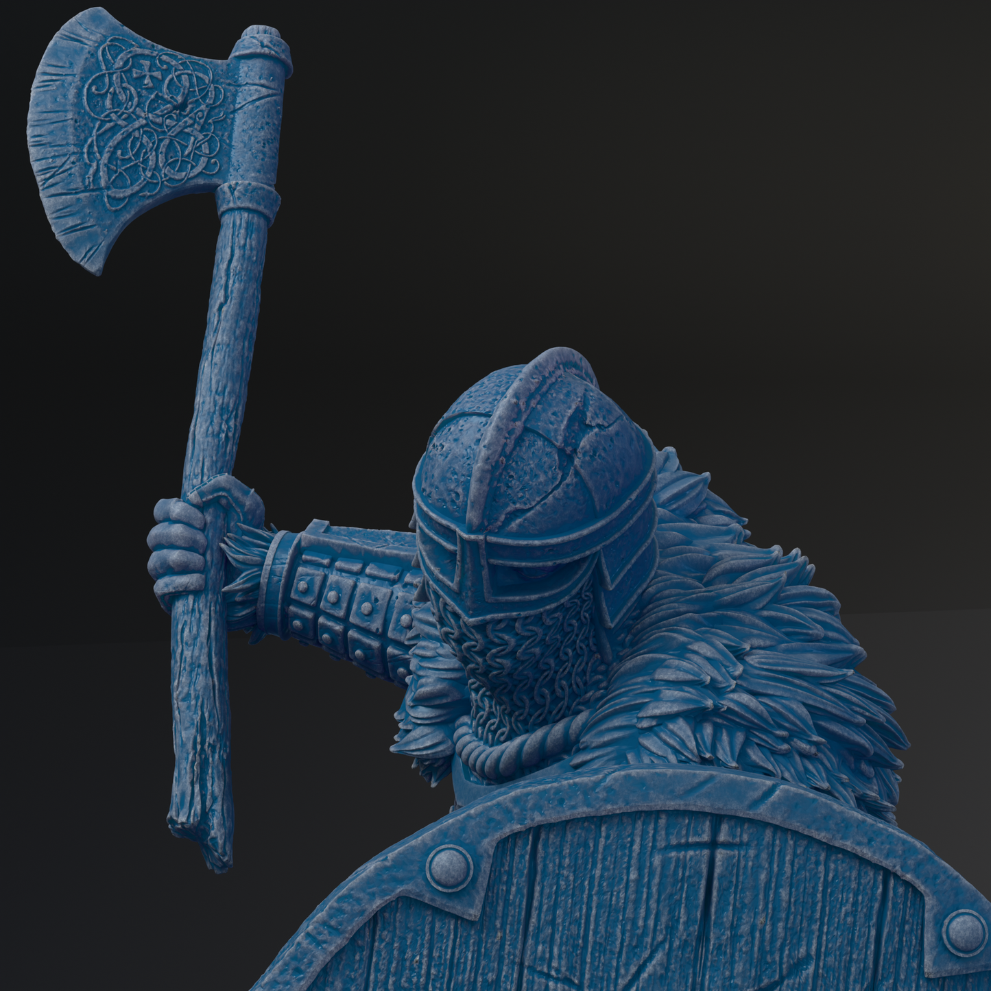 A detailed 3D rendering of a knight in armor, holding a large sword and shield, ready for battle.