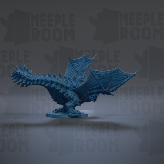 A blue dragon figurine is shown against a dark background with repeated text.