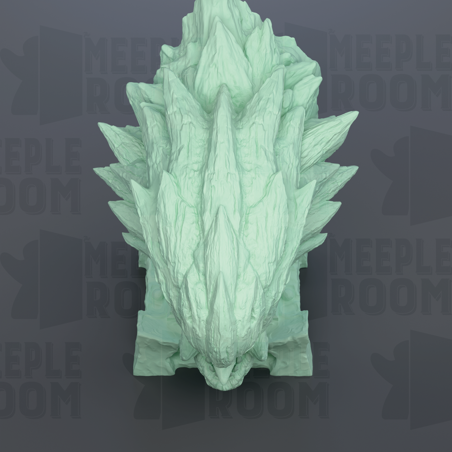 A 3D rendering of a green, spiky, rock-like object resembling a dragon or a similar mythical creature.